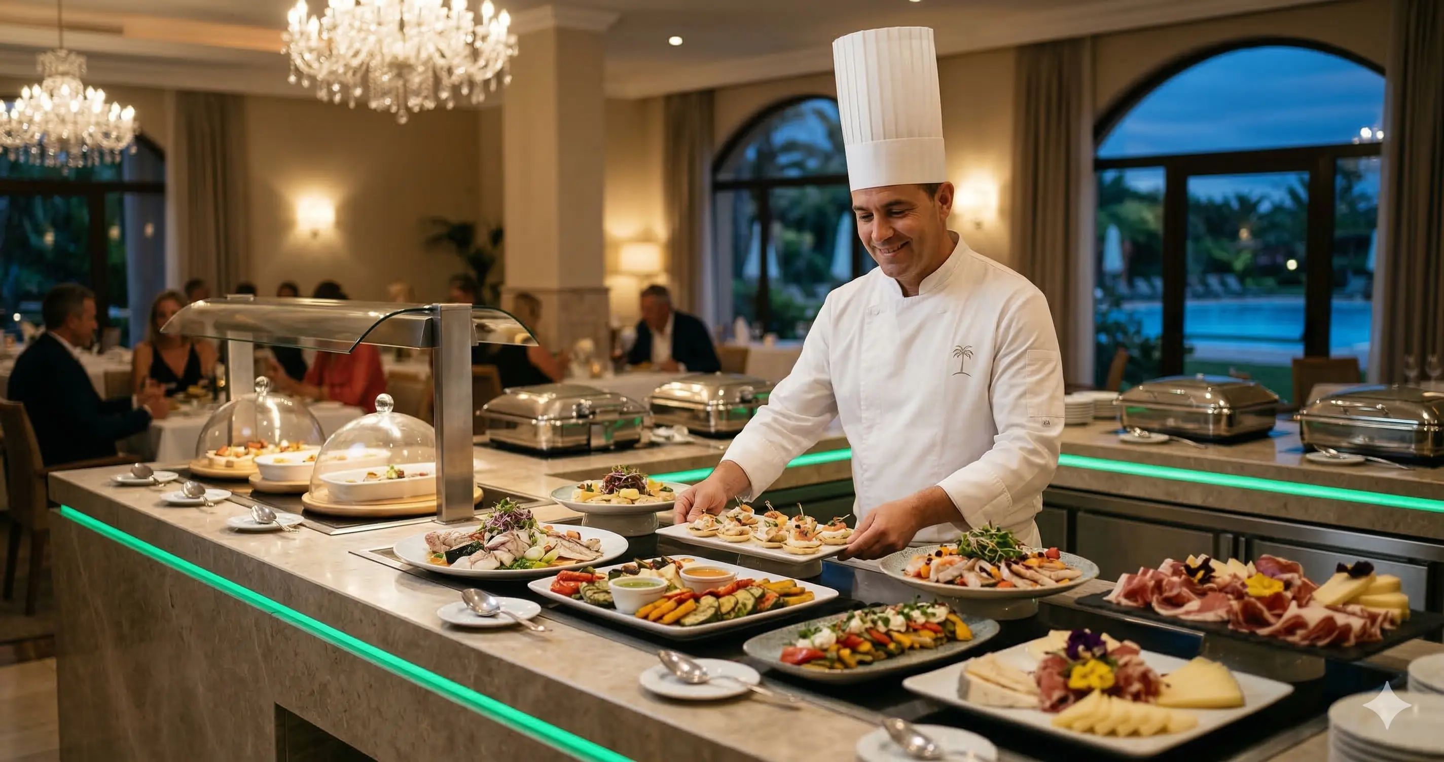 Buffet de hotel con simbolos de gestion de desperdicio alimentario