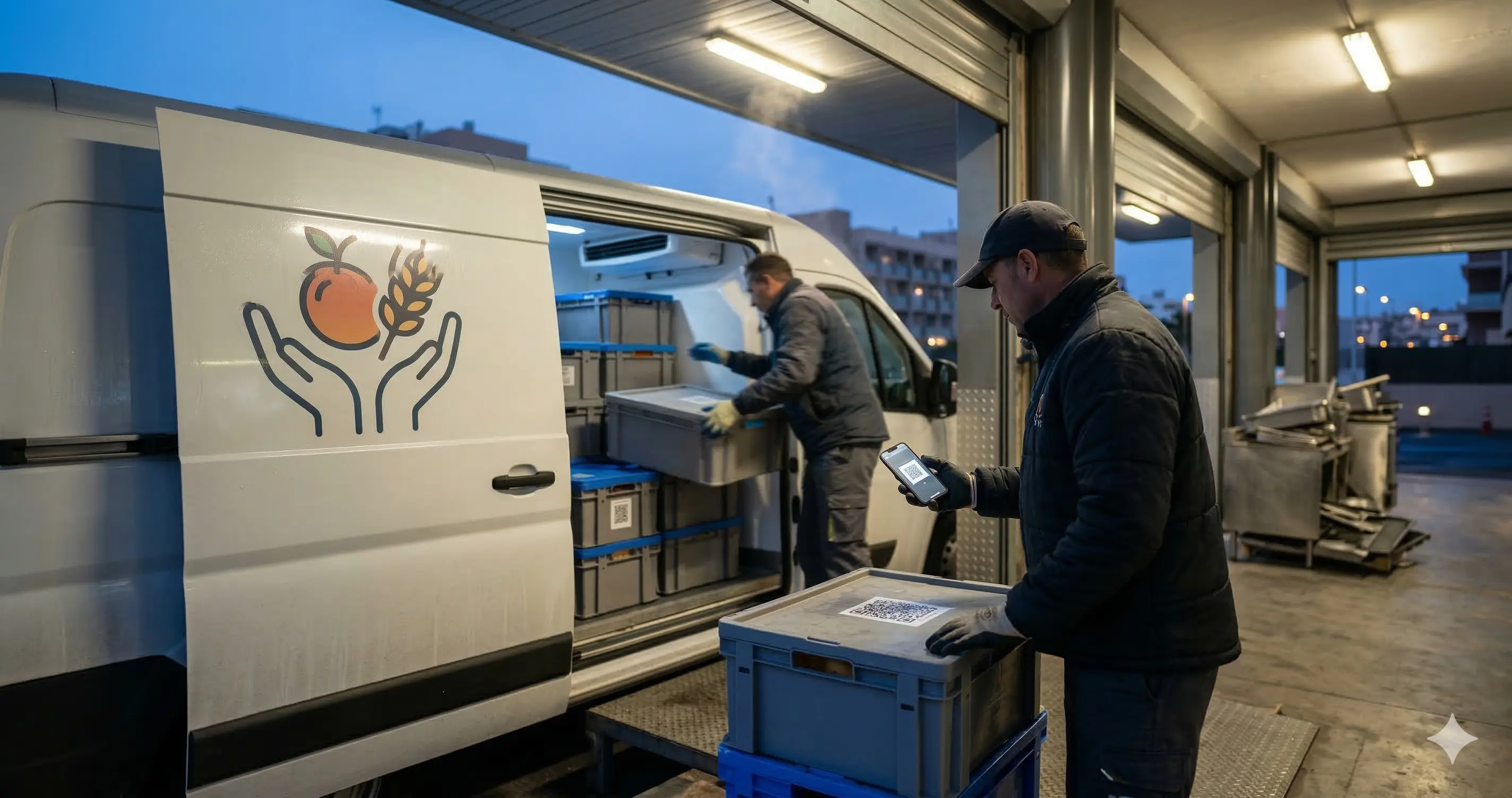 Voluntarios de banco de alimentos recibiendo donacion de restaurante