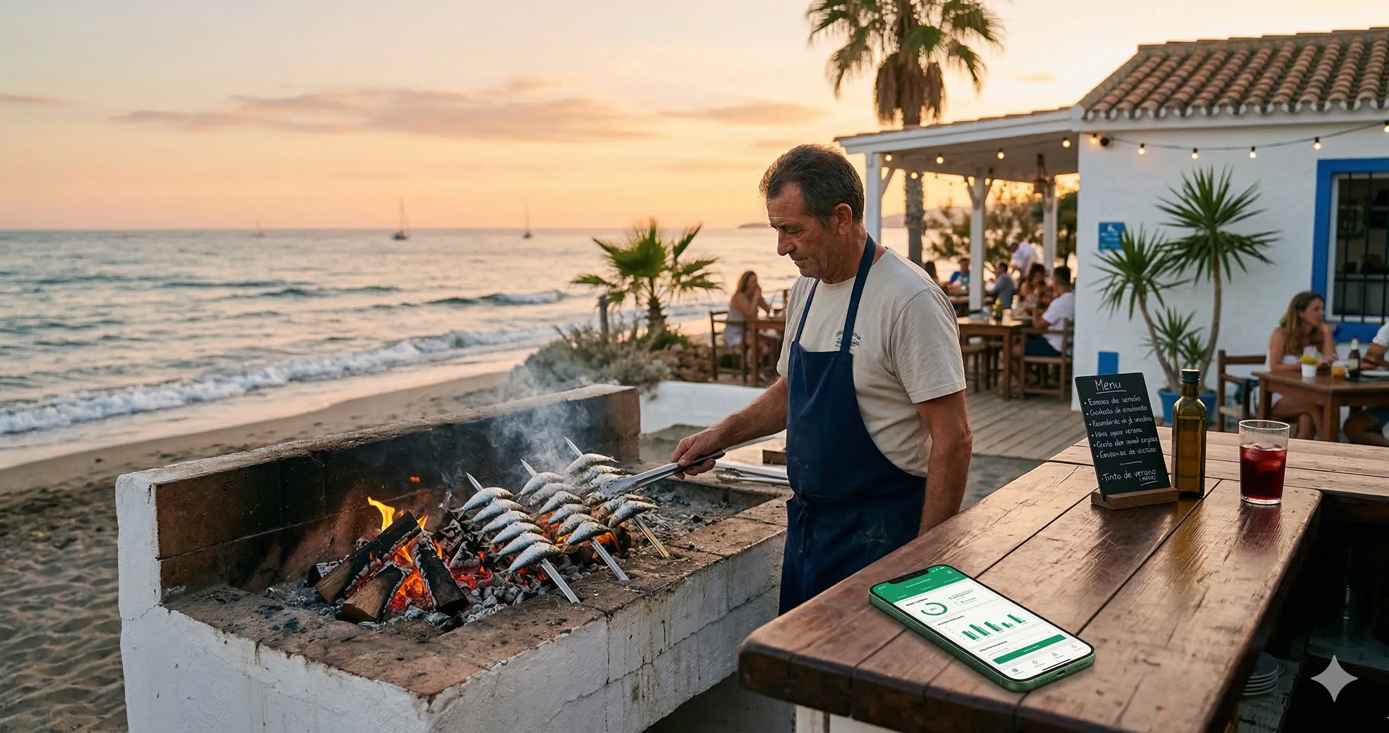 Costa andaluza con iconos de turismo e industria agroalimentaria