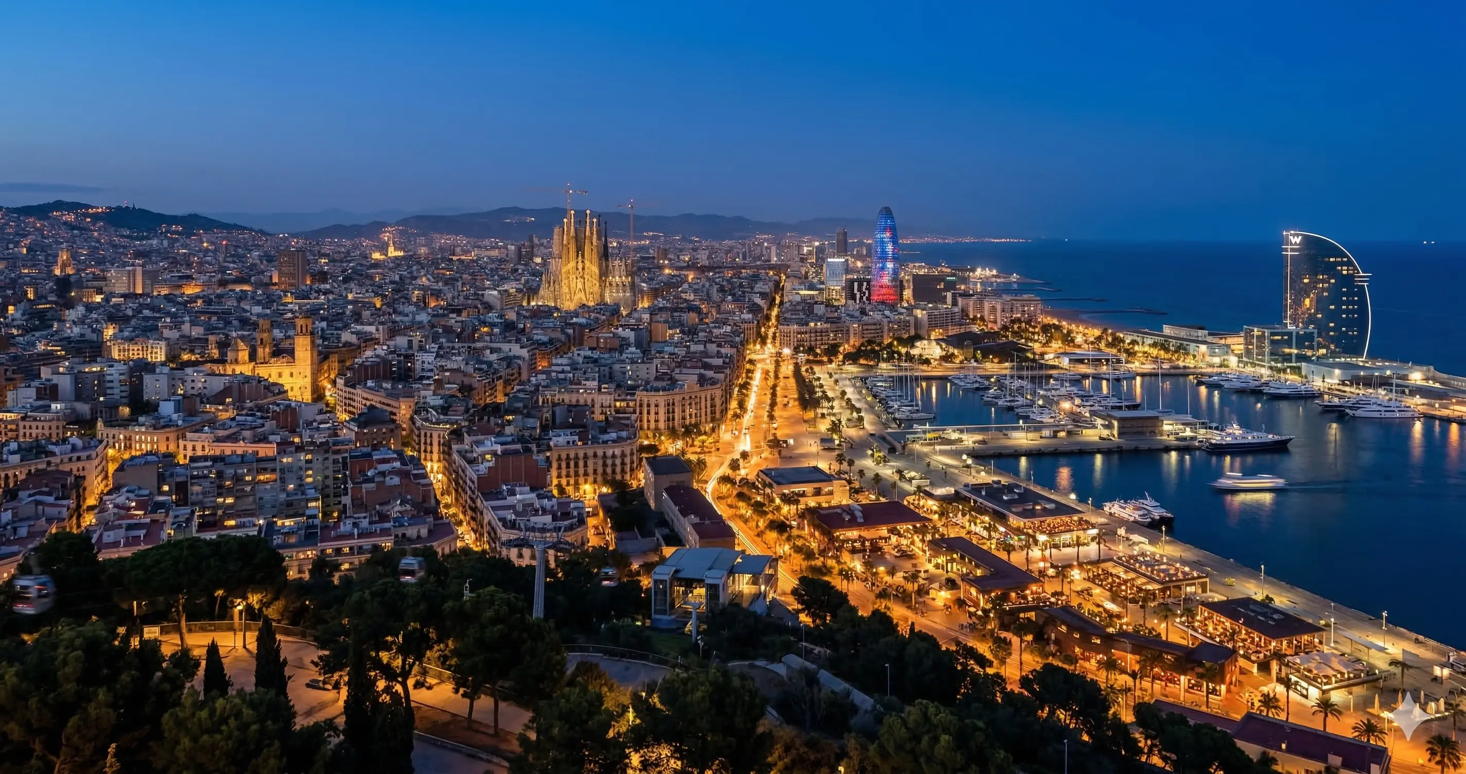 Panoramica de Barcelona con iconos de industria y hosteleria