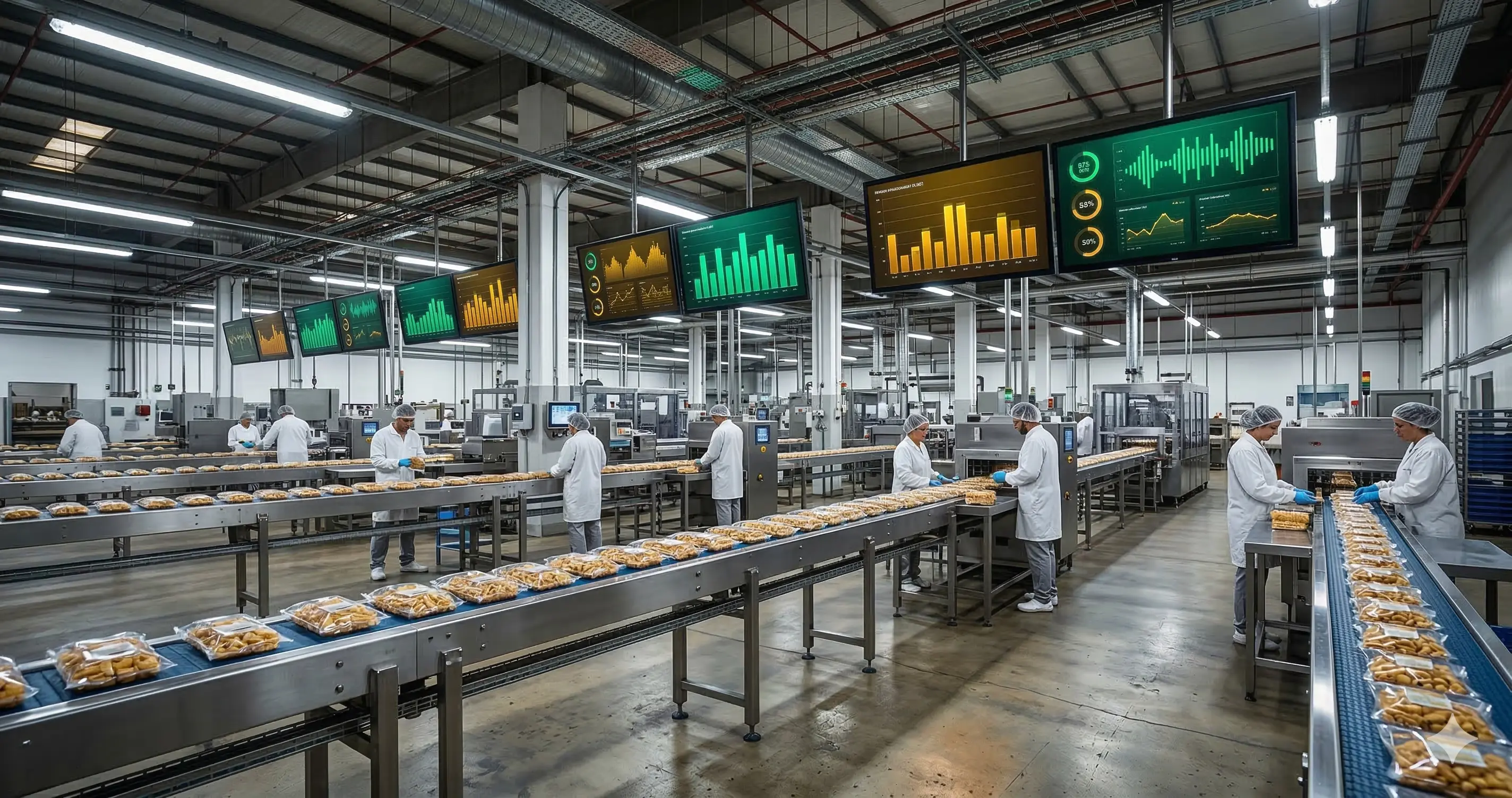 Linea de produccion alimentaria con indicadores de desperdicio