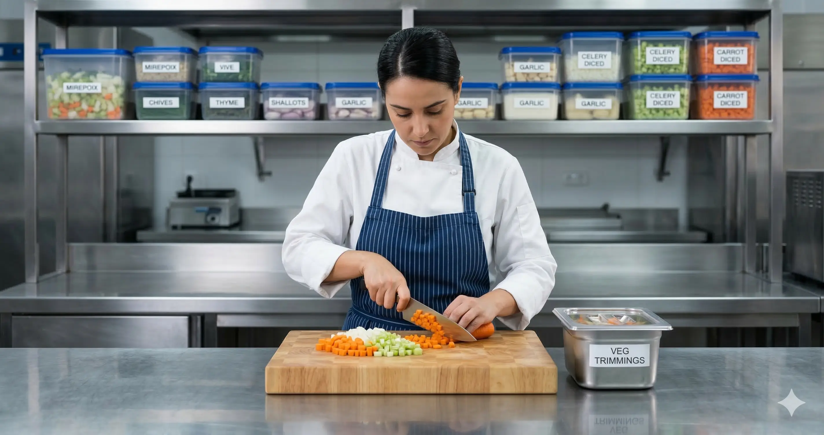 Cocina de restaurante profesional con practicas de reduccion de desperdicio
