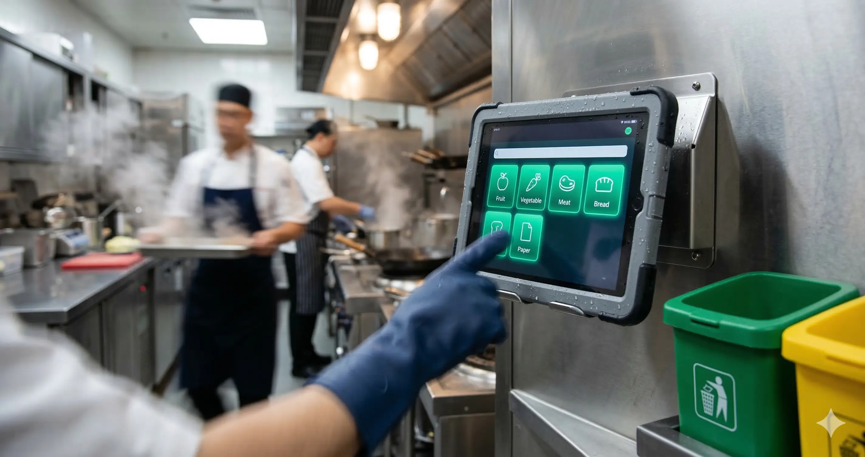 Registro digital de desperdicio alimentario con tablet y datos en pantalla