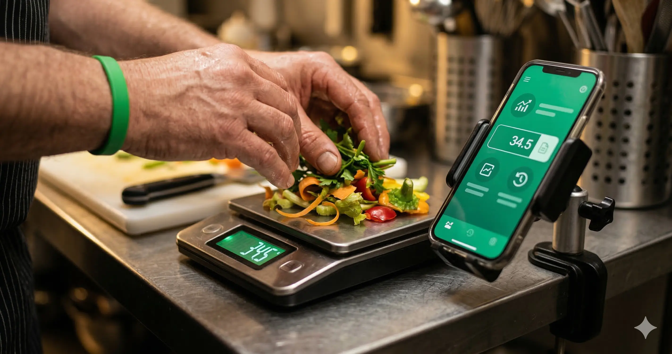 Cocinero registrando mermas en una app movil junto a la bascula
