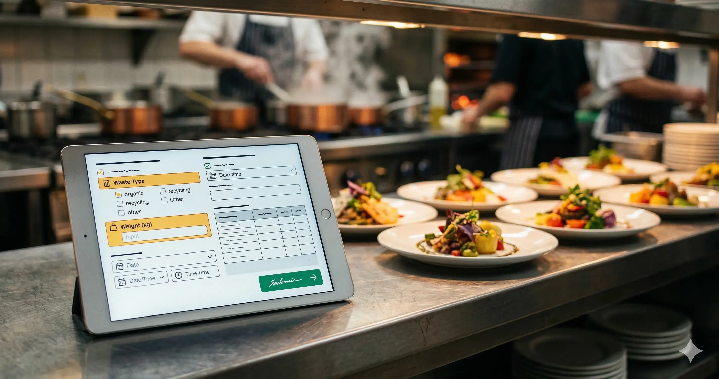 Pantalla digital mostrando formulario de registro de desperdicio alimentario