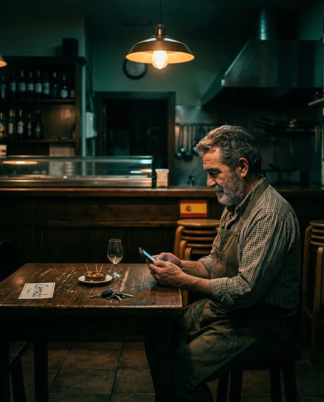 Dueño de restaurante revisando números del día al cierre en móvil - dashboard financiero AuditWaste