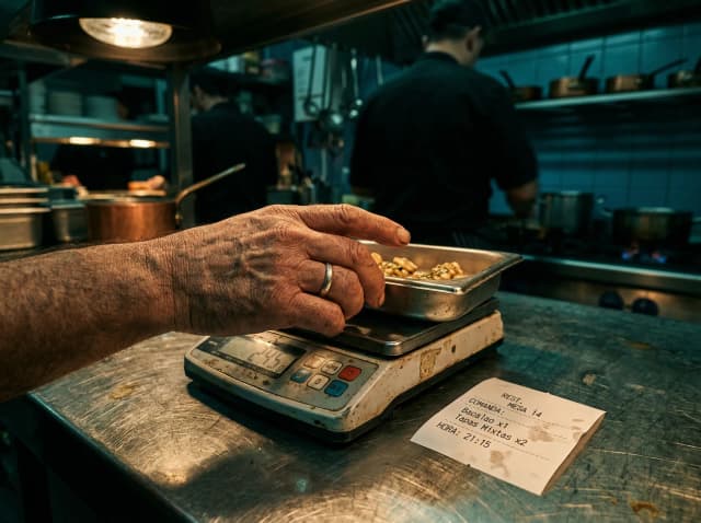 Cocinero pesando merma de cocina en báscula digital con ticket de comanda - cumplimiento Ley 1/2025