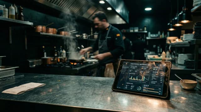 Tablet con dashboard AuditWaste integrado en cocina profesional - registro digital desperdicio alimentario